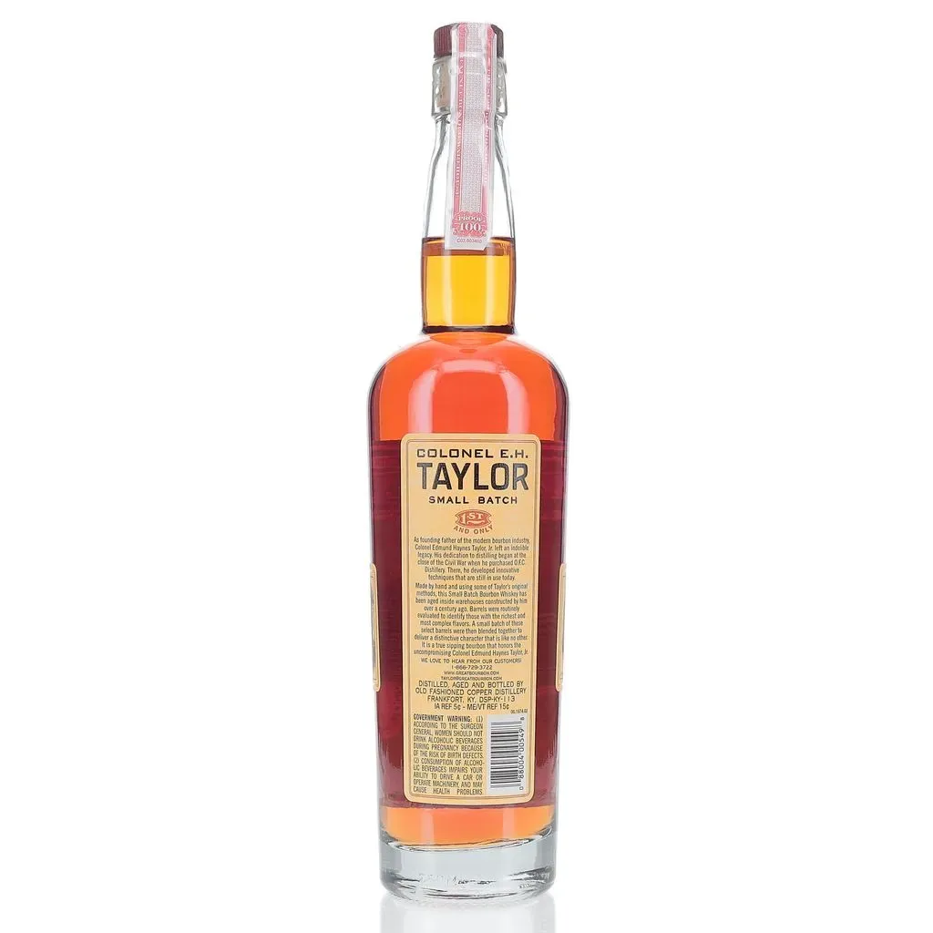 As founding father of the bourbon industry, Colonel Edmund Haynes Taylor, Jr. left an indelible legacy. His dedication to distilling began at the close of the Civil War when he purchased O.F C. Distillery. There, he developed innovative techniques that are still in use today. Made by hand, this Small Batch Bourbon Whiskey has been aged inside century old warehouses constructed by E.H. Taylor, Jr.  Barrels are evaluated and selected to create a perfect blend of distinctive character that is like no other. This bourbon is a true sipping bourbon that honors the uncompromising legacy of E.H. Taylor, Jr.
Tasting Notes:
Tastes of caramel corn sweetness, mingled with butterscotch and licorice. The aftertaste is a soft mouth-feel that turns into subtle spices of pepper and tobacco.

