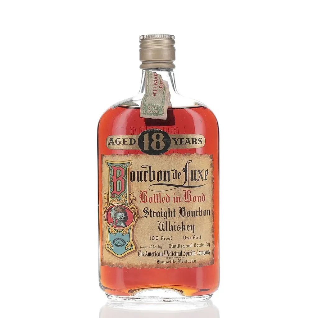 The Bourbon de Luxe 18 Year Old, bottled in 1934, is a remarkable example of pre-Prohibition American whiskey. Distilled in the spring of 1916 and bottled in the fall of 1934, this Bottled-in-Bond bourbon adheres to the strict standards set by the Bottled-in-Bond Act of 1897, ensuring it was aged for at least four years and bottled at 100 proof (50% ABV) under government supervision. This 18-year-old bourbon is noted for its exceptional aging, which has imparted deep, complex flavors and a rich character. The Bourbon de Luxe brand, known for its high-quality Kentucky straight bourbon whiskey, has a storied history, and this particular bottling represents a significant piece of American whiskey heritage. The long maturation period, spanning the Prohibition era, adds to its historical significance.