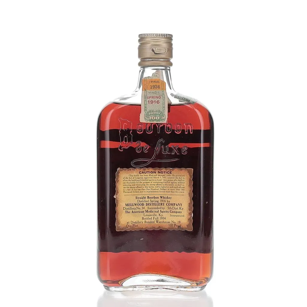 The Bourbon de Luxe 18 Year Old, bottled in 1934, is a remarkable example of pre-Prohibition American whiskey. Distilled in the spring of 1916 and bottled in the fall of 1934, this Bottled-in-Bond bourbon adheres to the strict standards set by the Bottled-in-Bond Act of 1897, ensuring it was aged for at least four years and bottled at 100 proof (50% ABV) under government supervision. This 18-year-old bourbon is noted for its exceptional aging, which has imparted deep, complex flavors and a rich character. The Bourbon de Luxe brand, known for its high-quality Kentucky straight bourbon whiskey, has a storied history, and this particular bottling represents a significant piece of American whiskey heritage. The long maturation period, spanning the Prohibition era, adds to its historical significance.