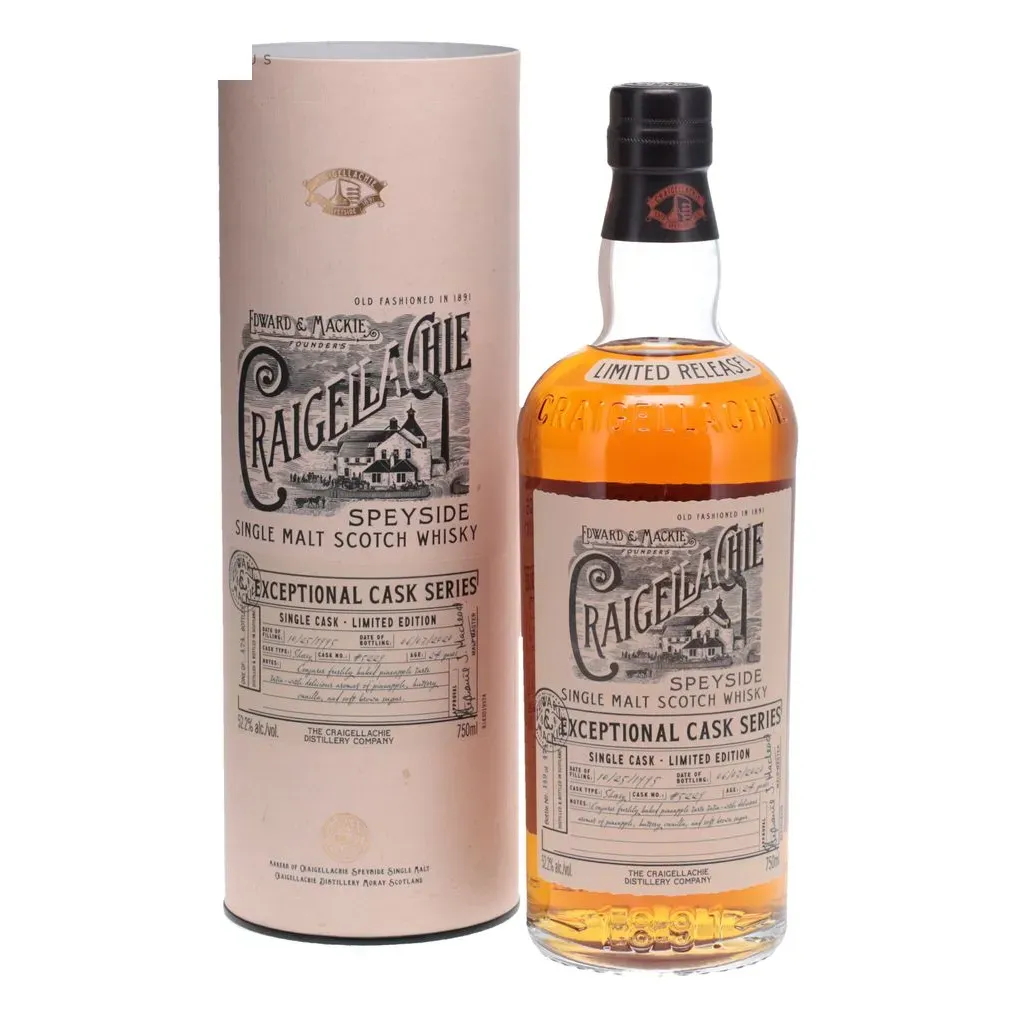 The Craigellachie Exceptional Cask Series is a prestigious collection of single malt whiskies, celebrated for their extraordinary quality and distinct character. Each release in this series showcases the finest hand-selected casks from the Craigellachie distillery, a renowned Speyside producer with a history dating back to 1891. Expertly crafted by the master blender, these whiskies offer a captivating range of flavors, often featuring rich and robust notes of tropical fruits, honeyed sweetness, and a subtle hint of smoke. The limited availability of the Exceptional Cask Series makes each bottling a highly sought-after treasure for whisky enthusiasts and collectors alike, representing the pinnacle of craftsmanship and the essence of Craigellachie's exceptional legacy.