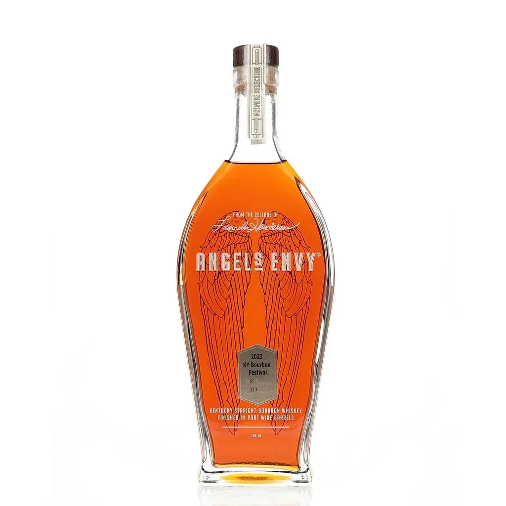 Angel's Envy 2023 KY Bourbon Festival Release is a special edition of their renowned Kentucky Straight Bourbon Whiskey. This particular release is finished in port wine barrels, a signature technique of Angel's Envy that imparts unique flavor nuances to the bourbon. The bottle is distinguished by its elegant design, featuring a pair of angel wings etched into the glass, symbolizing the brand's name and heritage. The label indicates that this is a 2023 release for the Kentucky Bourbon Festival, bottled at 110 proof, making it a robust and flavorful spirit. The bourbon itself boasts a rich amber color, suggesting a well-aged and carefully crafted product. The finishing in port wine barrels adds layers of complexity, with tasting notes that typically include hints of vanilla, raisins, maple syrup, and toasted nuts. The palate is often described as having flavors of ripe fruit, maple syrup, toast, and bitter chocolate, with a clean and lingering sweetness on the finish.