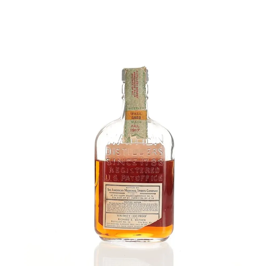 A 1917 vintage expression of Old Grand-Dad that was actually distilled at the Old Taylor (DSP 19) distillery by Richard E Wathen. The Wathen family purchased the Old Grand-Dad brands in 1899  along with the distillery at Hobbs Station. When prohibition hit the American Medicinal Spirits Co took over their interests, bottling their barrels. 