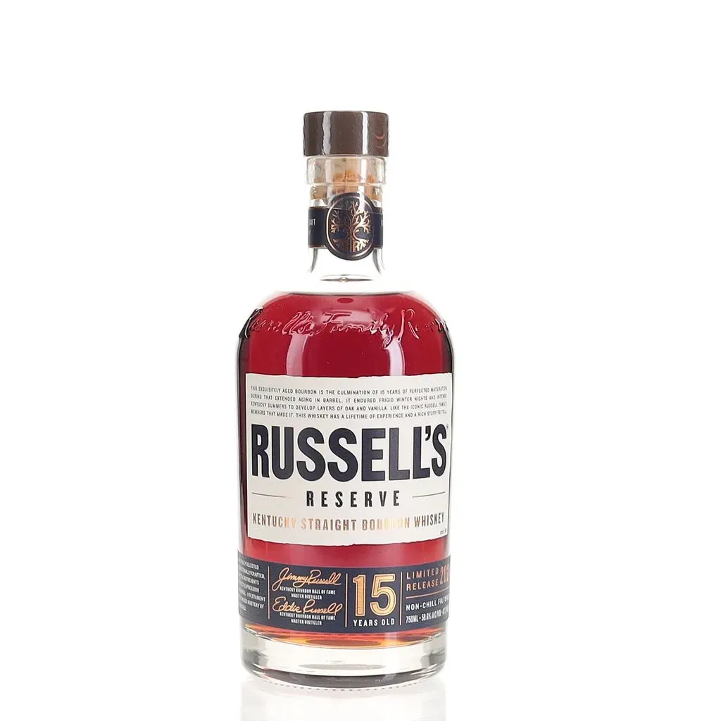 Painstakingly-crafted by Master Distiller Eddie Russell, the Russell's Reserve 15 Year Old is another exciting chapter in the rich heritage and legacy of Russell's Reserve. Non-chill filtered and bottled at precisely 117.2 proof, the limited release exemplifies Eddie's expert ability to develop complex flavors through careful aging and keen barrel selection. 
Russell's Reserve 15 Year Old bourbon is an example of Kentucky craft whiskey excellence, with pronounced notes of tobacco and mature oak and a long lasting finish.

AROMA
Dried fruits, caramel, nutmeg, clove, and oak with distillery's signature earthiness

TASTE
Spiced fruits, including cherry and plum, transition to notes of molasses, coffee, tobacco, and mature oak

FINISH
Long lasting finish with hints of dark cocoa, caramel, and smooth oak