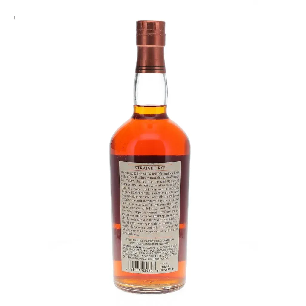 From the distillery: "In partnership with the Chicago Rabbinical Council (cRc), Buffalo Trace Distillery produced this Rye Recipe Bourbon Whiskey. Made with the same high quality grains as Buffalo Trace Bourbon Whiskey, this Kosher spirit was aged in specifically designated Kosher barrels. In order to satisfy Passover requirements, these barrels were sold to a non-Jewish executive in a ceremony witness by a representative from the cRc. After aging for seven years, this Rye Recipe Bourbon was bottled at 94 proof after ensuring the bottling lines were cleaned beforehand and that no contact was made by non-Kosher spirits. Released after Passover each year, this Rye Recipe Bourbon is bold and independent, celebrating its heritage from America’s oldest continually-operating distillery."