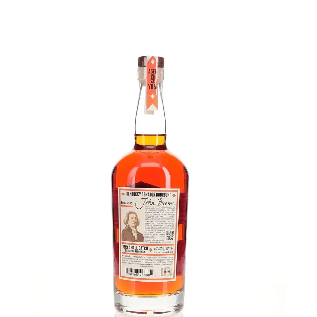 Kentucky Senator 9 Year Release 5, also known as the John Brown Release, is a distinguished bourbon that honors Kentucky's first U.S. Senator, John Brown, who played a pivotal role in the state's early history. This limited-edition bourbon is aged for nine years, allowing it to develop a rich and complex flavor profile that reflects the craftsmanship and heritage of Kentucky bourbon.

On the nose, this release offers inviting aromas of caramel and vanilla, enriched by hints of toasted oak and leather. A subtle nuttiness rounds out the bouquet, creating an enticing introduction.

The palate is smooth and well-balanced, featuring initial flavors of sweet corn and honey that transition into darker notes of chocolate and dried fruit. As it develops, spices like cinnamon and clove emerge, harmonizing beautifully with the oak influence that provides depth without overwhelming the other flavors. The mouthfeel is luxuriously silky, coating the palate with a creamy texture.

The finish is long and satisfying, with lingering notes of vanilla, spice, and a faint smokiness that adds to its complexity. With only 1,200 bottles produced, Kentucky Senator 9 Year Release 5 stands as a testament to the artistry of bourbon-making, offering a memorable experience that pays homage to both its historical significance and the rich tradition of Kentucky bourbon.
