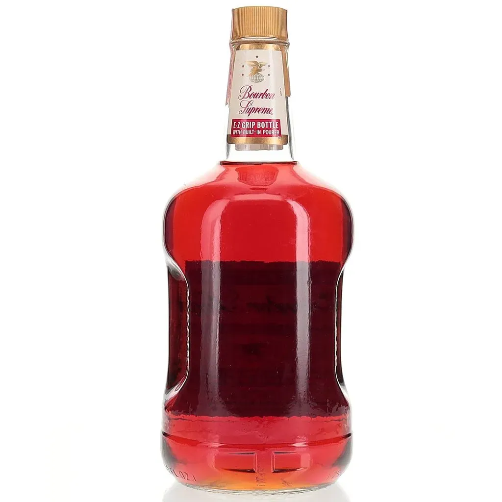 While the Bourbon Supreme brand exists now as a production aimed at select markets by Luxco, the original bottles sporting this label were produced by the American Distilling Company from Pekin, Illinois. 

The bottle is a half-gallon jug, boasting an "E-Z Grip" with "Built-in Pourer" reminiscent of today's bottom-shelf liquor. 