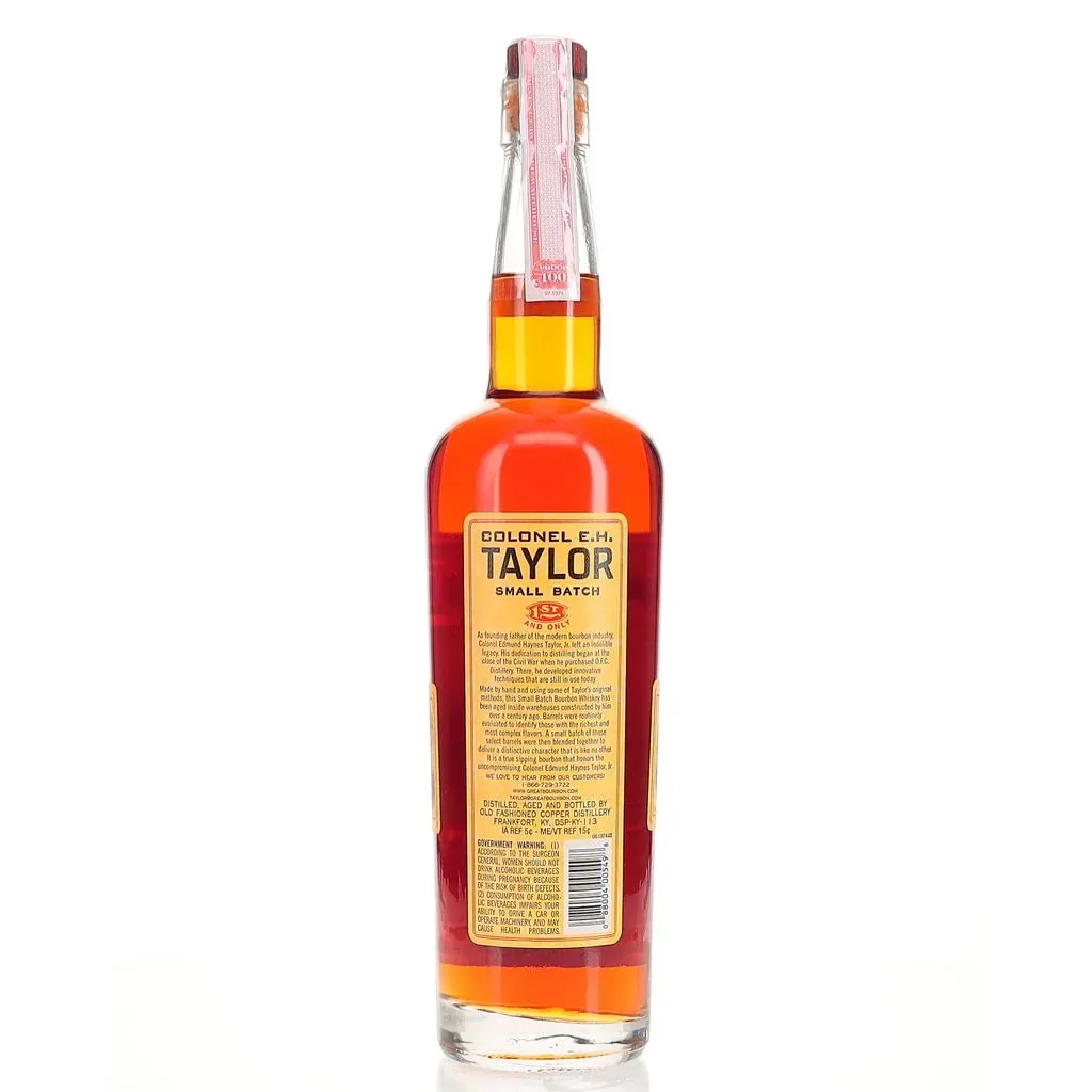 As founding father of the bourbon industry, Colonel Edmund Haynes Taylor, Jr. left an indelible legacy. His dedication to distilling began at the close of the Civil War when he purchased O.F C. Distillery. There, he developed innovative techniques that are still in use today. Made by hand, this Small Batch Bourbon Whiskey has been aged inside century old warehouses constructed by E.H. Taylor, Jr.  Barrels are evaluated and selected to create a perfect blend of distinctive character that is like no other. This bourbon is a true sipping bourbon that honors the uncompromising legacy of E.H. Taylor, Jr.
Tasting Notes:
Tastes of caramel corn sweetness, mingled with butterscotch and licorice. The aftertaste is a soft mouth-feel that turns into subtle spices of pepper and tobacco.

