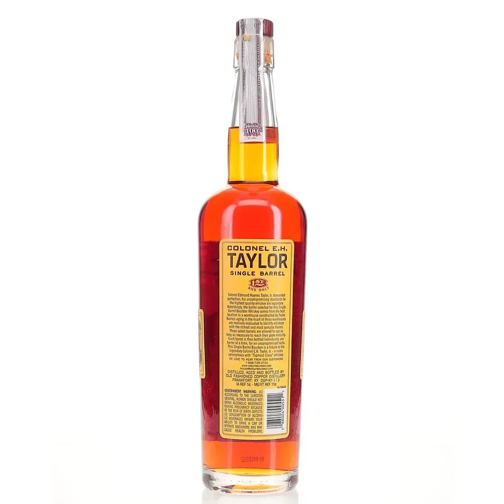 The aroma carries lightly toasted oak, with dried figs and butterscotch. One sip brings flavors of sweetness balanced with tobacco and dark spices. The finish is just long enough to prepare the palate for another sip. The bottle itself is a likeness to Colonel Taylor's original design used over a century ago.