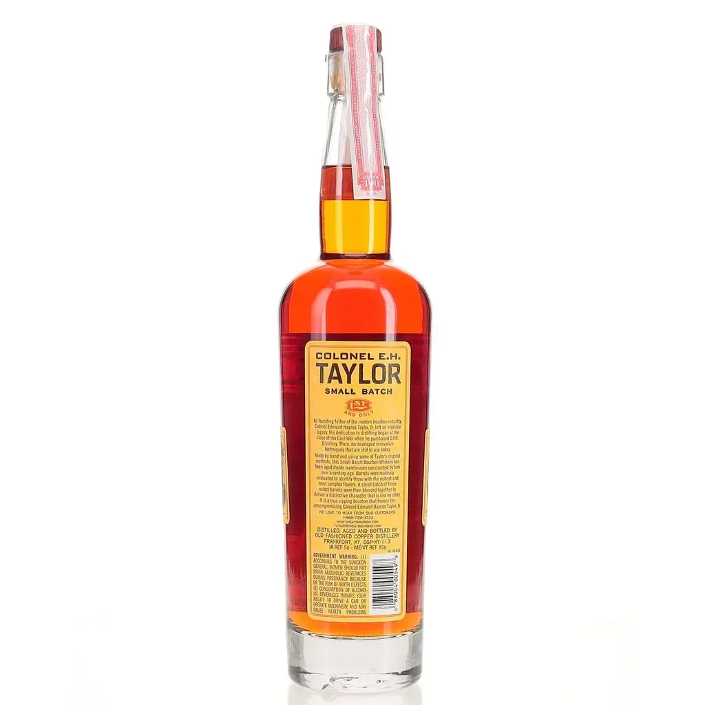 As founding father of the bourbon industry, Colonel Edmund Haynes Taylor, Jr. left an indelible legacy. His dedication to distilling began at the close of the Civil War when he purchased O.F C. Distillery. There, he developed innovative techniques that are still in use today. Made by hand, this Small Batch Bourbon Whiskey has been aged inside century old warehouses constructed by E.H. Taylor, Jr.  Barrels are evaluated and selected to create a perfect blend of distinctive character that is like no other. This bourbon is a true sipping bourbon that honors the uncompromising legacy of E.H. Taylor, Jr.
Tasting Notes:
Tastes of caramel corn sweetness, mingled with butterscotch and licorice. The aftertaste is a soft mouth-feel that turns into subtle spices of pepper and tobacco.

