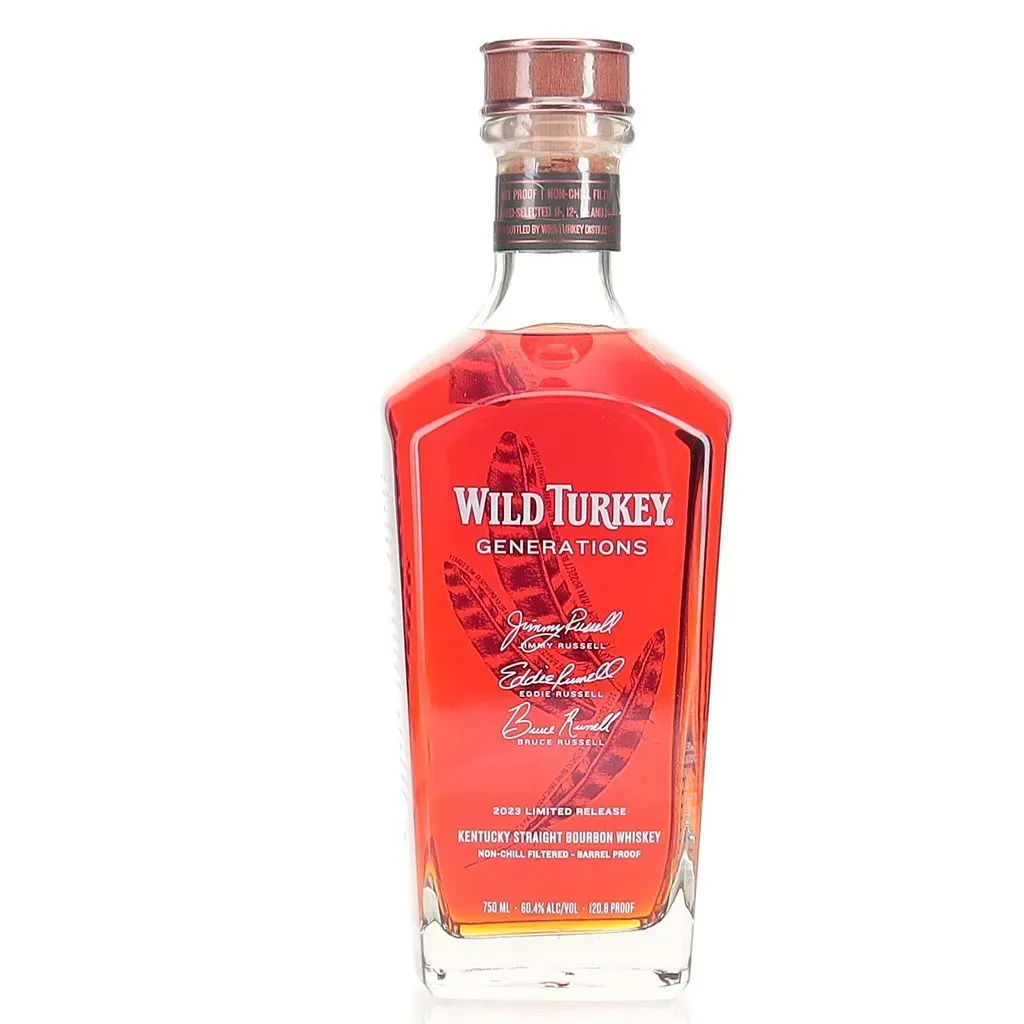 This spirit is a blend of 9, 12, 14, and 15 year old bourbon, each one representing the original tastes of the 3 generations of Russels who have built Wild Turkey into what it is today. Blended and bottled by Jimmy, Eddie, and Bruce Russell. 