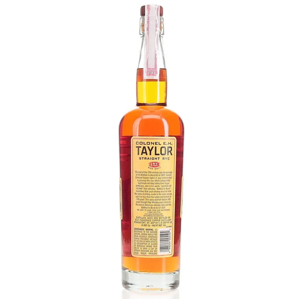 Straight Rye Whiskey has experienced a strong resurgence in the American whiskey landscape, yet Colonel Edmund Haynes Taylor, Jr. was making this style more than 100 years ago. This small batch, Bottled-in-Bond 100 proof straight rye whiskey pays tribute to the former Distillery owner with a unique rye whiskey reminiscent of days long past.
TASTING NOTES

An altogether different recipe and profile than Sazerac Rye, this recipe contains just rye and malted barley, no corn. The result is an aroma full of dried fruit, black pepper, and a touch of fresh dill. A small sip brings an array of flavors both sweet and savory with a terrific balance of dark spices and subtle caramel overtones. The finish is especially pleasing with an oaky dryness that lingers just long enough.

"Simply spectacular!" - John Paddon, blind tasting notes - 2015 International Whisky Competition
