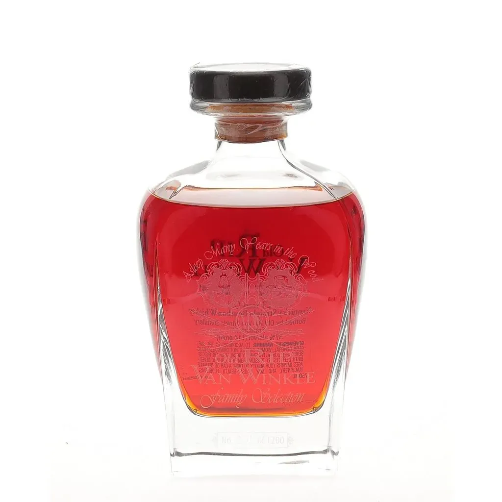 This outrageous 23 year old bourbon whiskey was distilled at the Van Winkle distillery in 1986 and bottled in 2009 for the Family Selection in this special limited edition crystal decanter. Bottled at 114 proof (57% ABV), this was the first time that the 23yo was offered at any other strength than the series standard 95.6 proof and is one of only 1200 sets released. Each crystal decanter was individually hand engraved and numbered and comes supplied in a lovely solid wood, leather-lined presentation case containing two Glencairn glasses and a signed COA by company President, Julian P. Van Winkle III. 