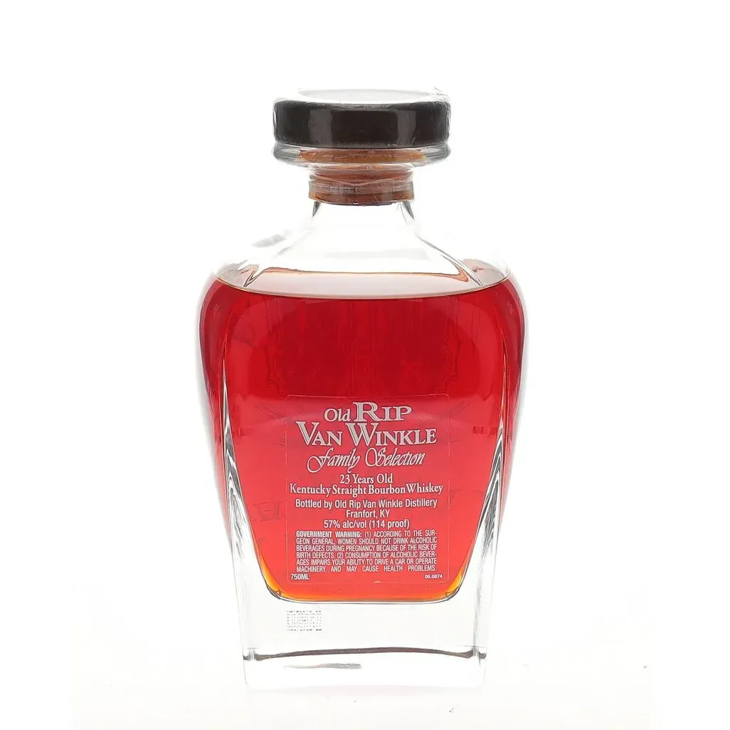 This outrageous 23 year old bourbon whiskey was distilled at the Van Winkle distillery in 1986 and bottled in 2009 for the Family Selection in this special limited edition crystal decanter. Bottled at 114 proof (57% ABV), this was the first time that the 23yo was offered at any other strength than the series standard 95.6 proof and is one of only 1200 sets released. Each crystal decanter was individually hand engraved and numbered and comes supplied in a lovely solid wood, leather-lined presentation case containing two Glencairn glasses and a signed COA by company President, Julian P. Van Winkle III. 