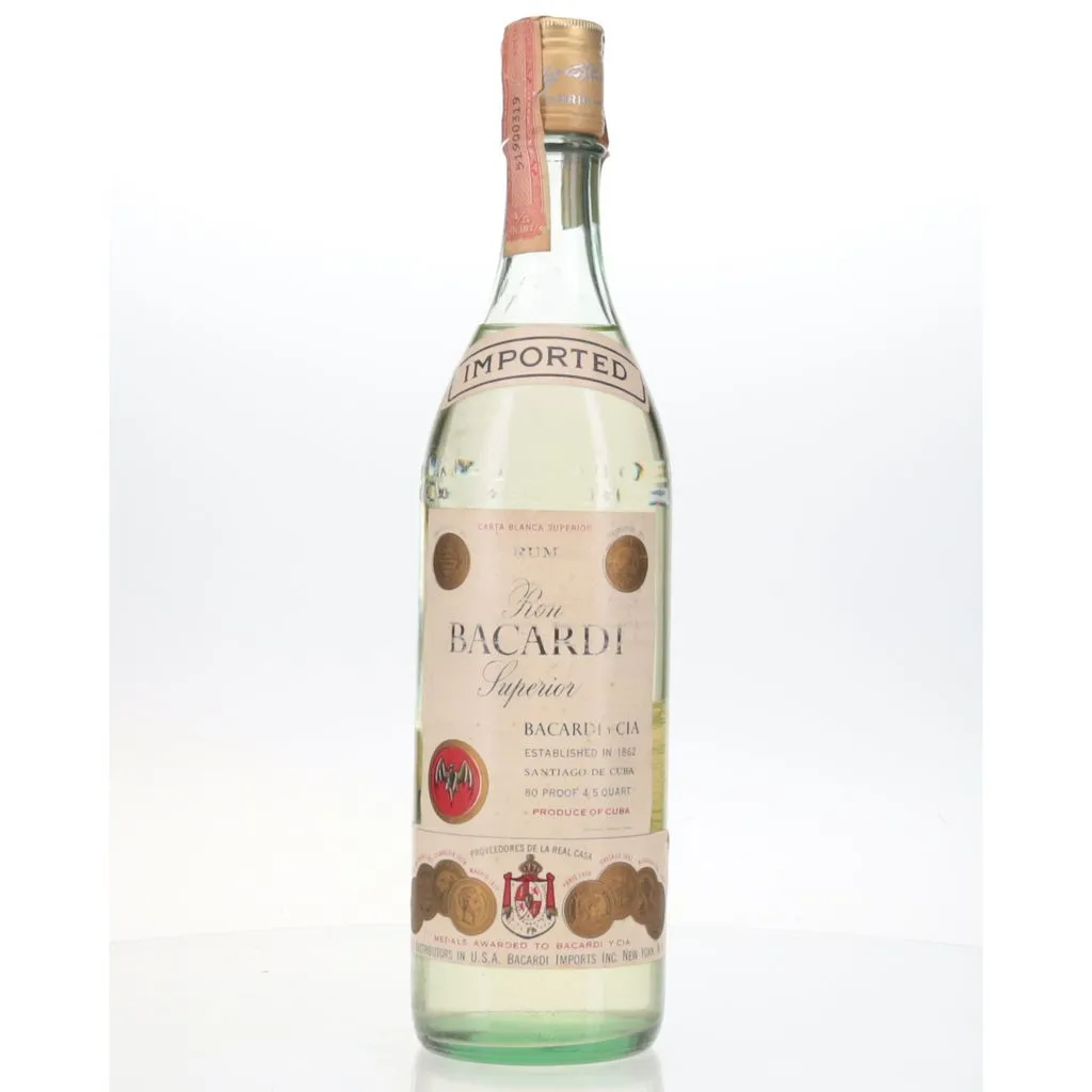 A circa 1950s era bottling of Bacardi's Carta Blanca Superior white rum. This edition was produced at their Cuban distillery and imported to the United States. 