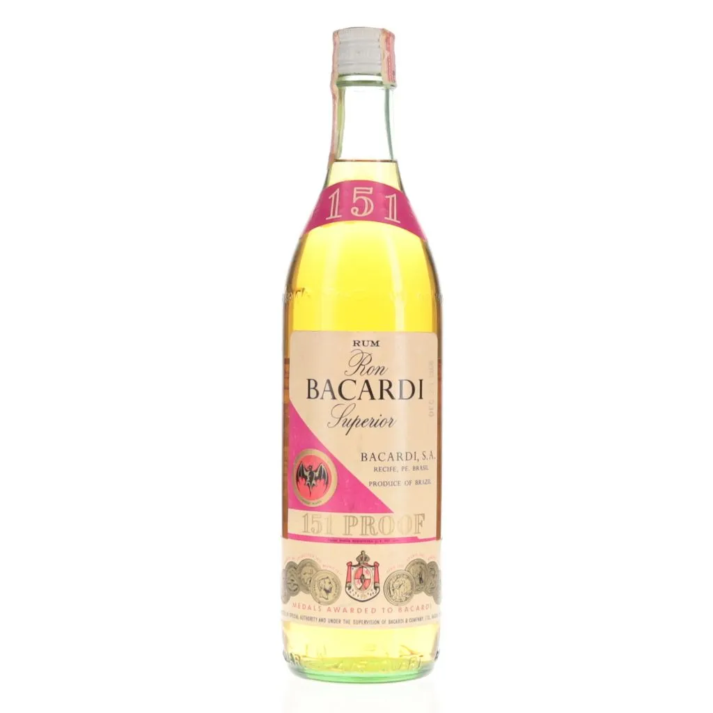 A 1966 bottling of 151 proof rum from Bacardi crafted with spirit from their distillery in Brazil. This 75.5% Abv spirit is flammable and often used in cocktails to create a flame.