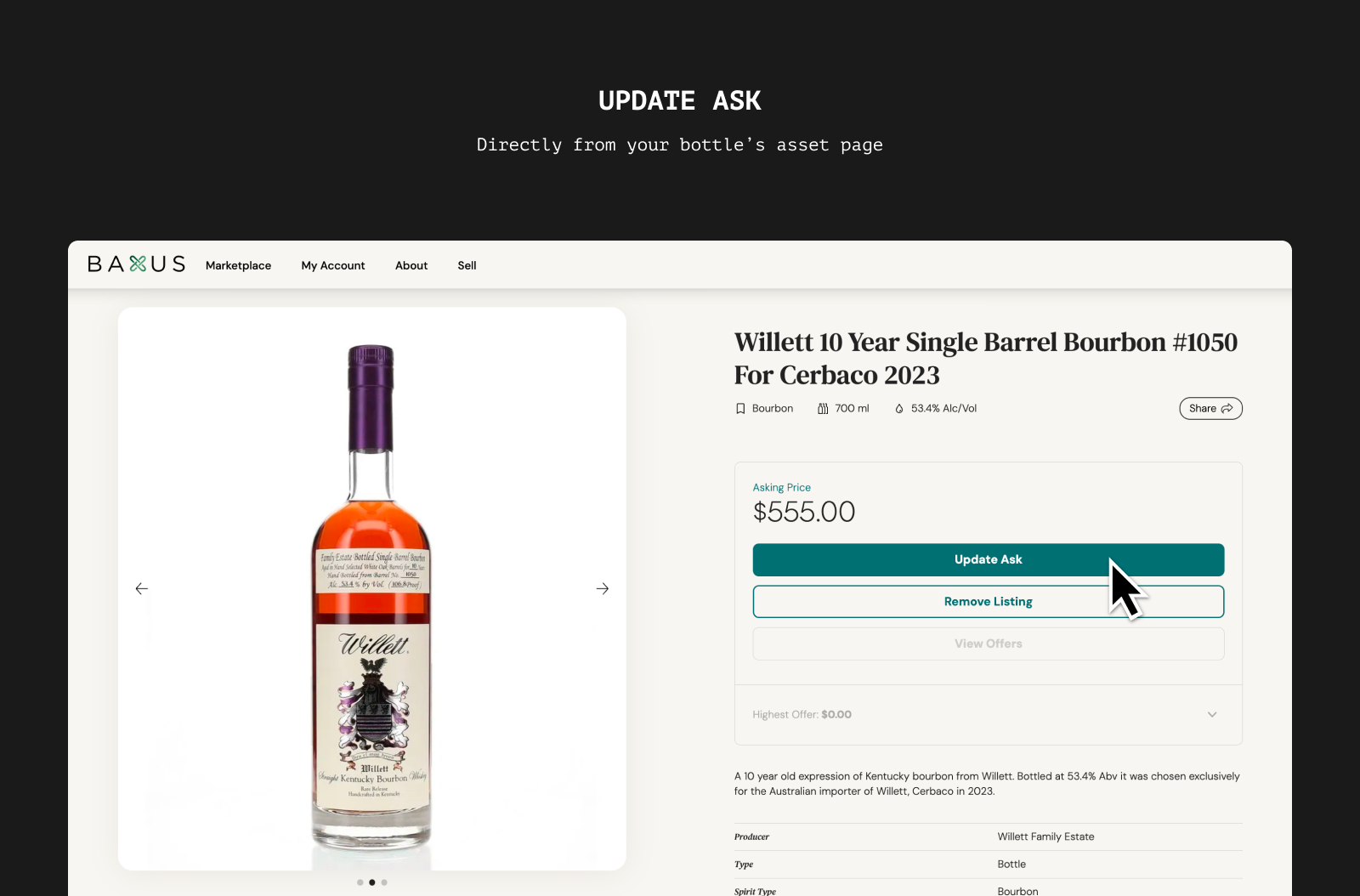 The BAXUS bottle page with the Update Ask button on the price panel.