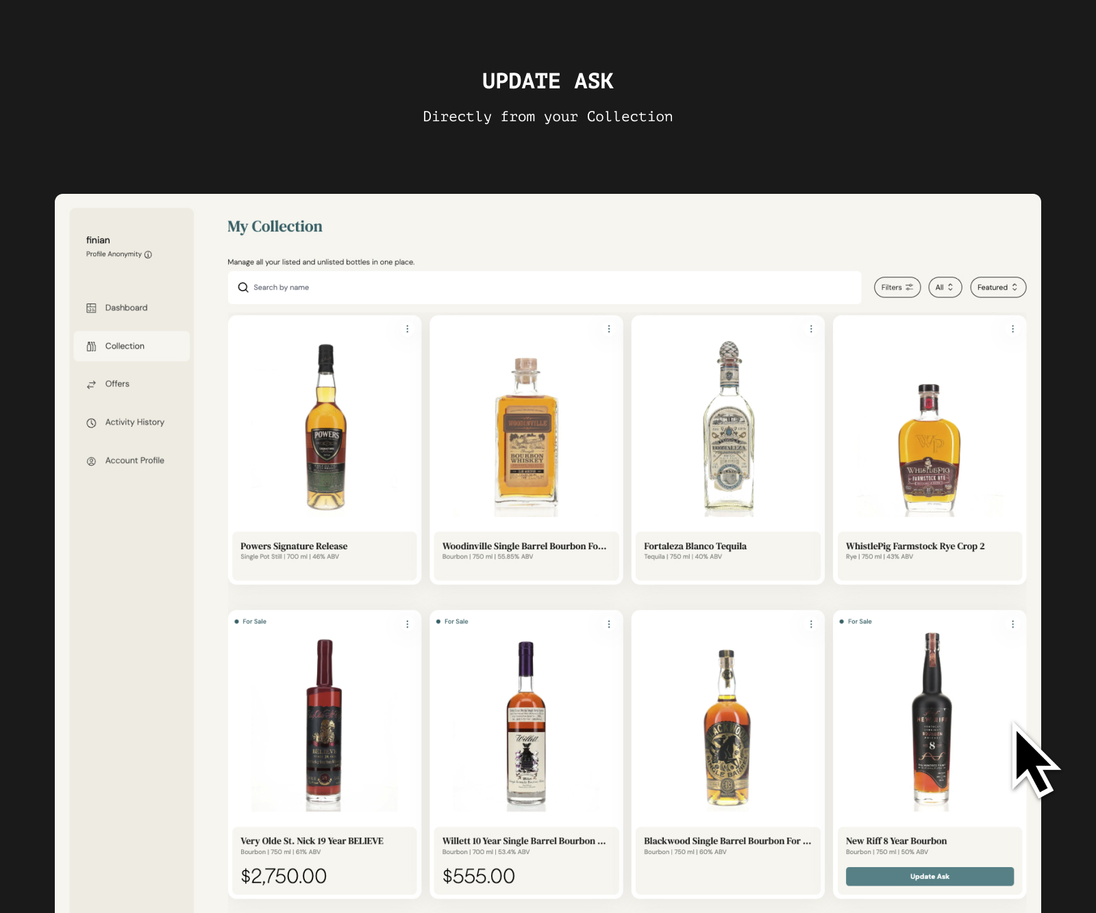 BAXUS collection page showing the Update Ask action on a bottle card