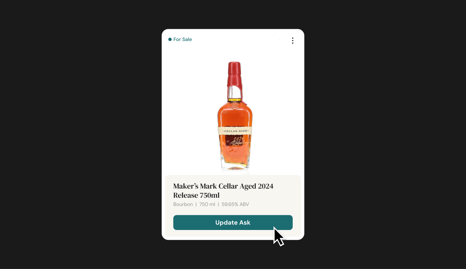 A bottle card in the BAXUS collection with the Update Ask button visible on hover.