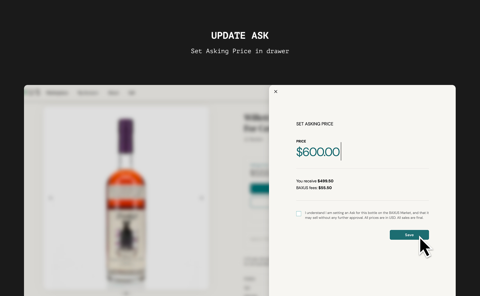 The Set Asking Price panel open with the current price pre-filled.