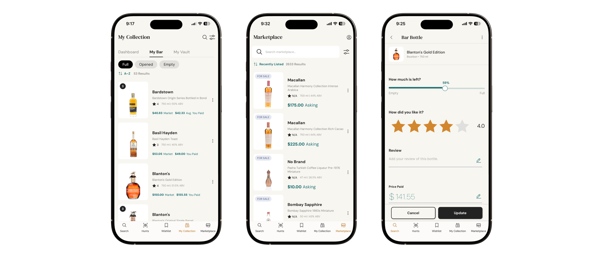 My Collection, the Marketplace and a bottle rating in the BAXUS app