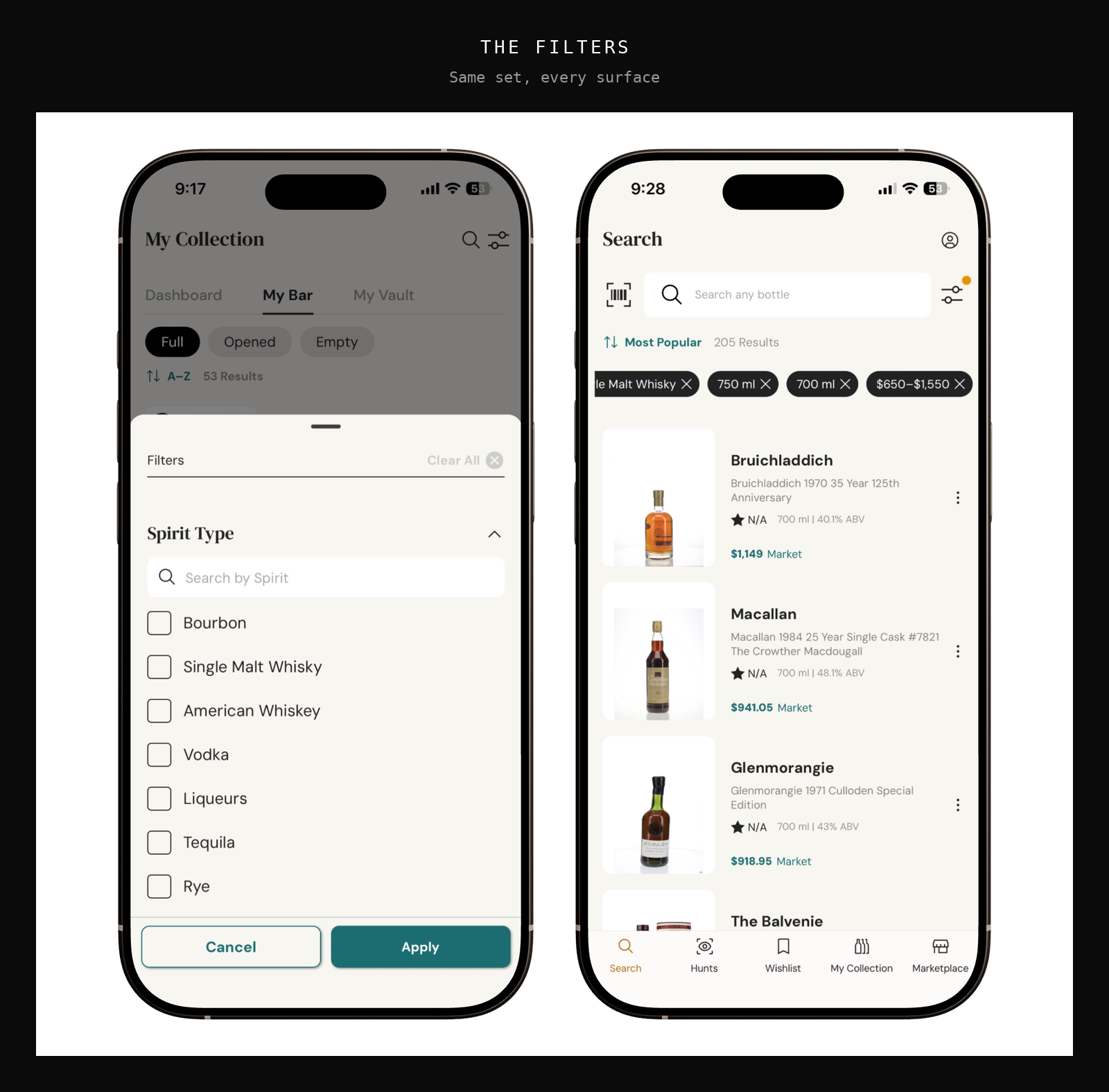 The filter menu open over My Collection, and search results with active filter tags