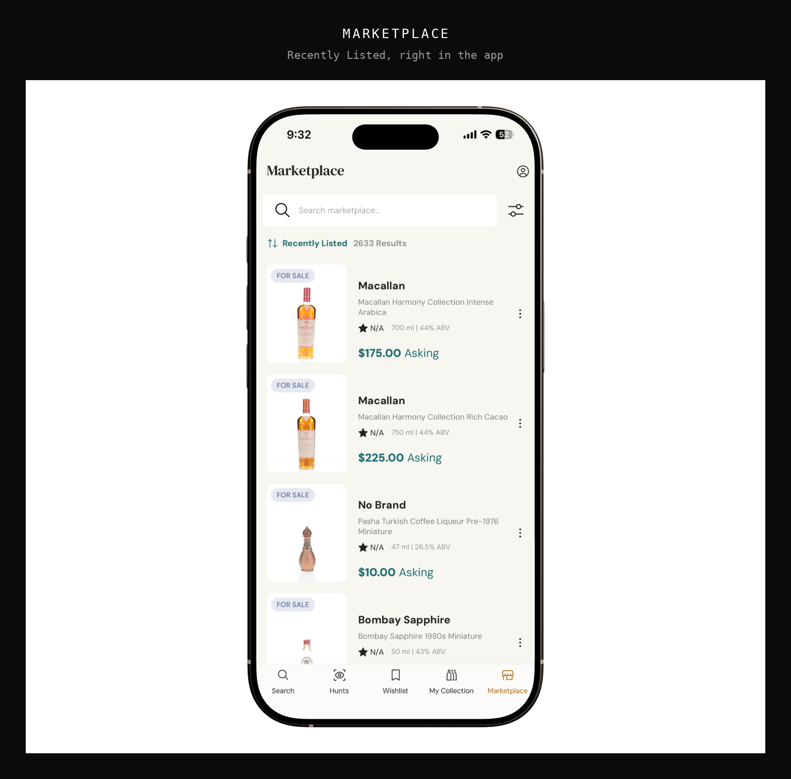 The Marketplace tab in the BAXUS app showing Recently Listed bottles