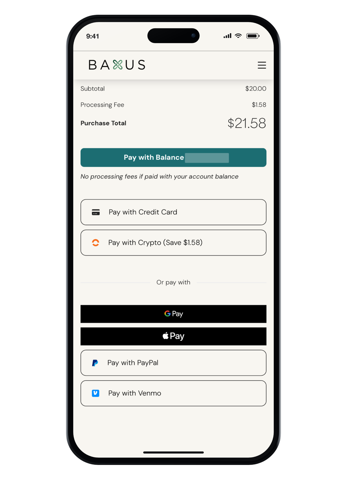 Every payment option at the BAXUS checkout, with a code applied