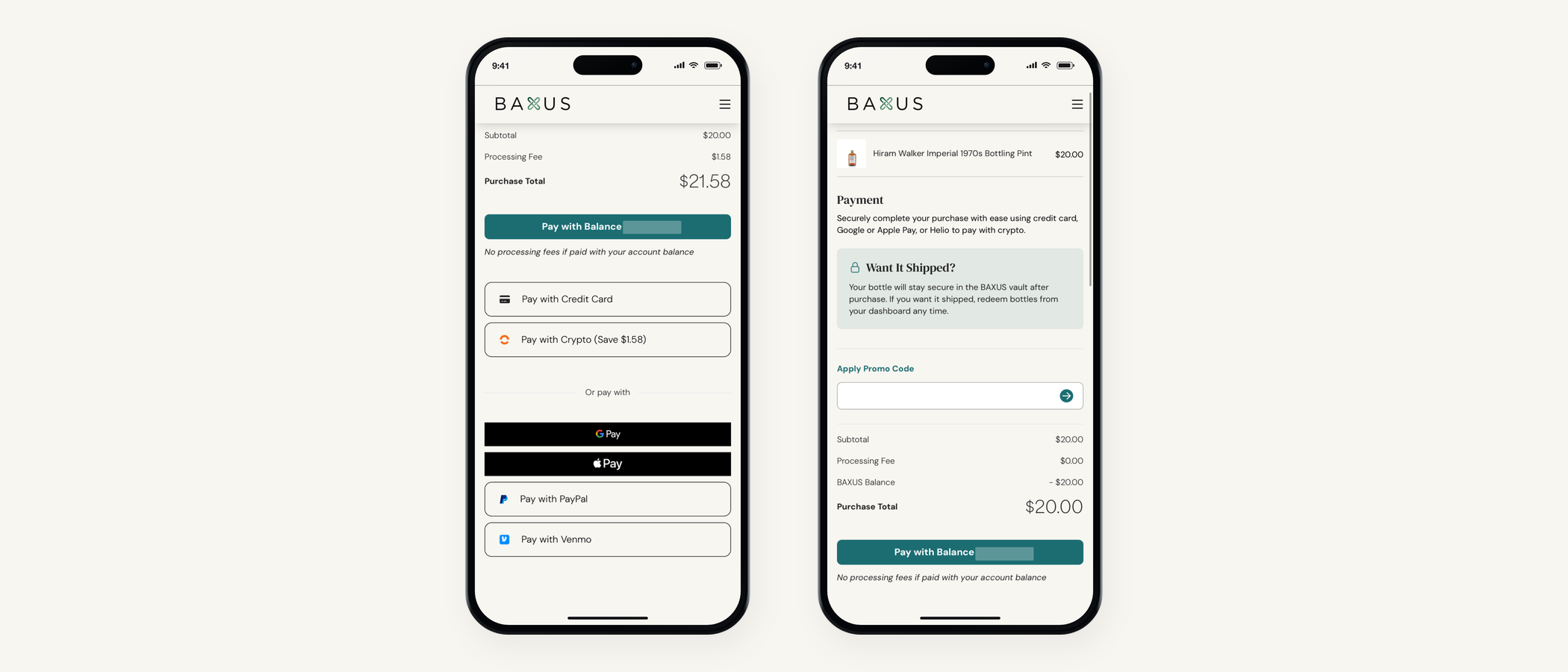 The BAXUS checkout showing all seven payment options