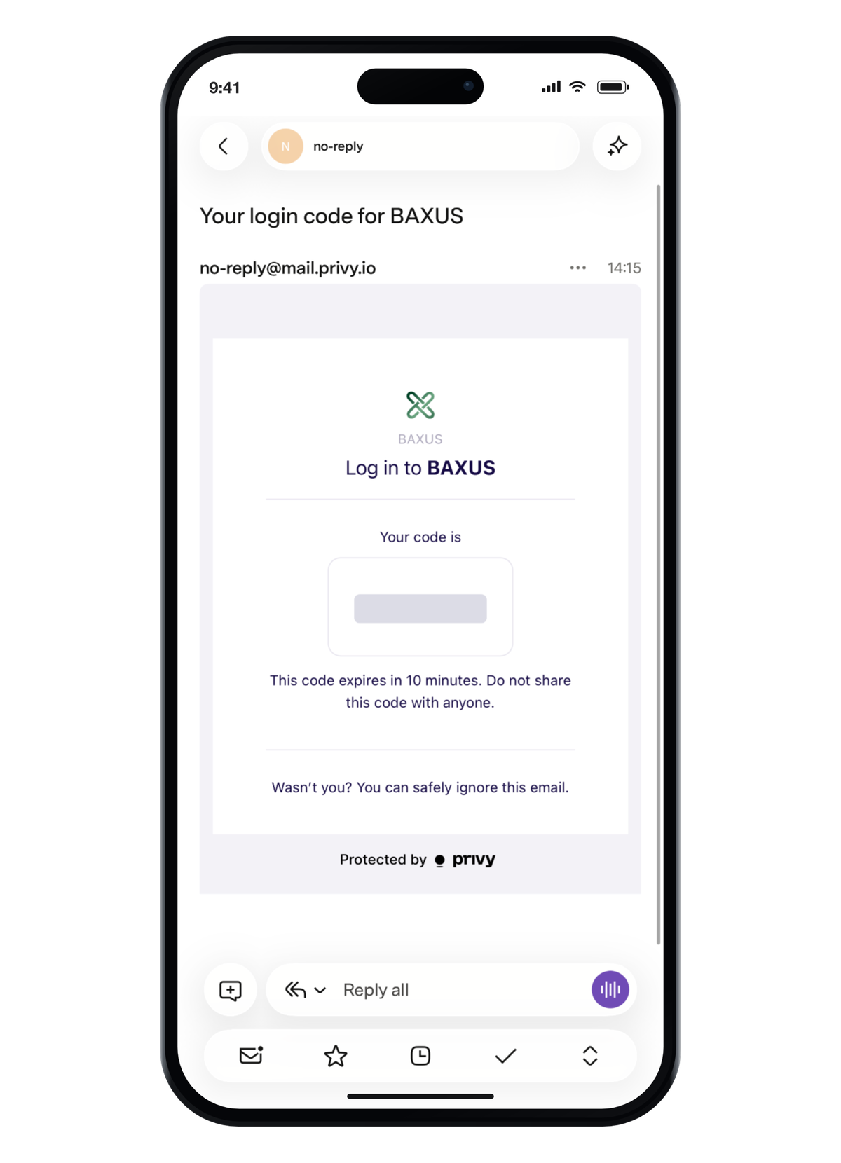 The verification code email, now sent by Privy