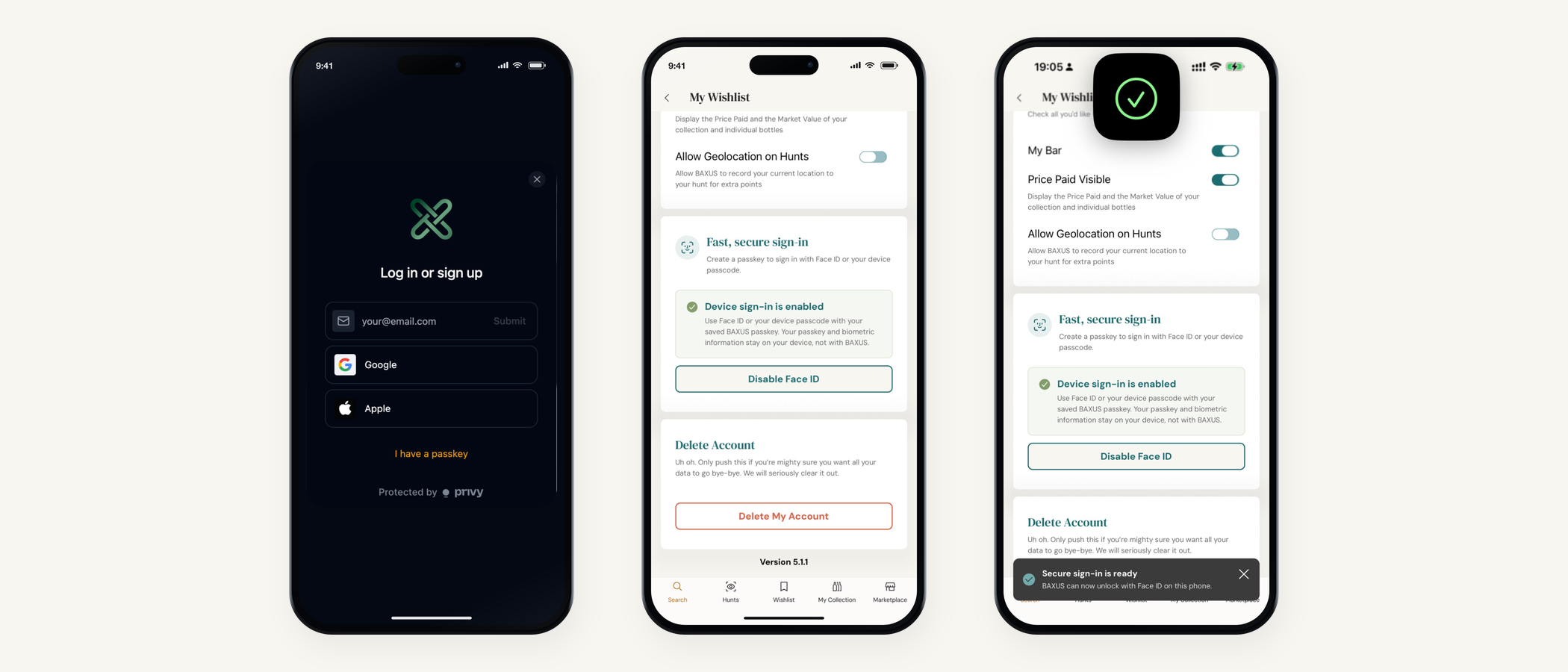 Signing in to BAXUS with Face ID on a phone