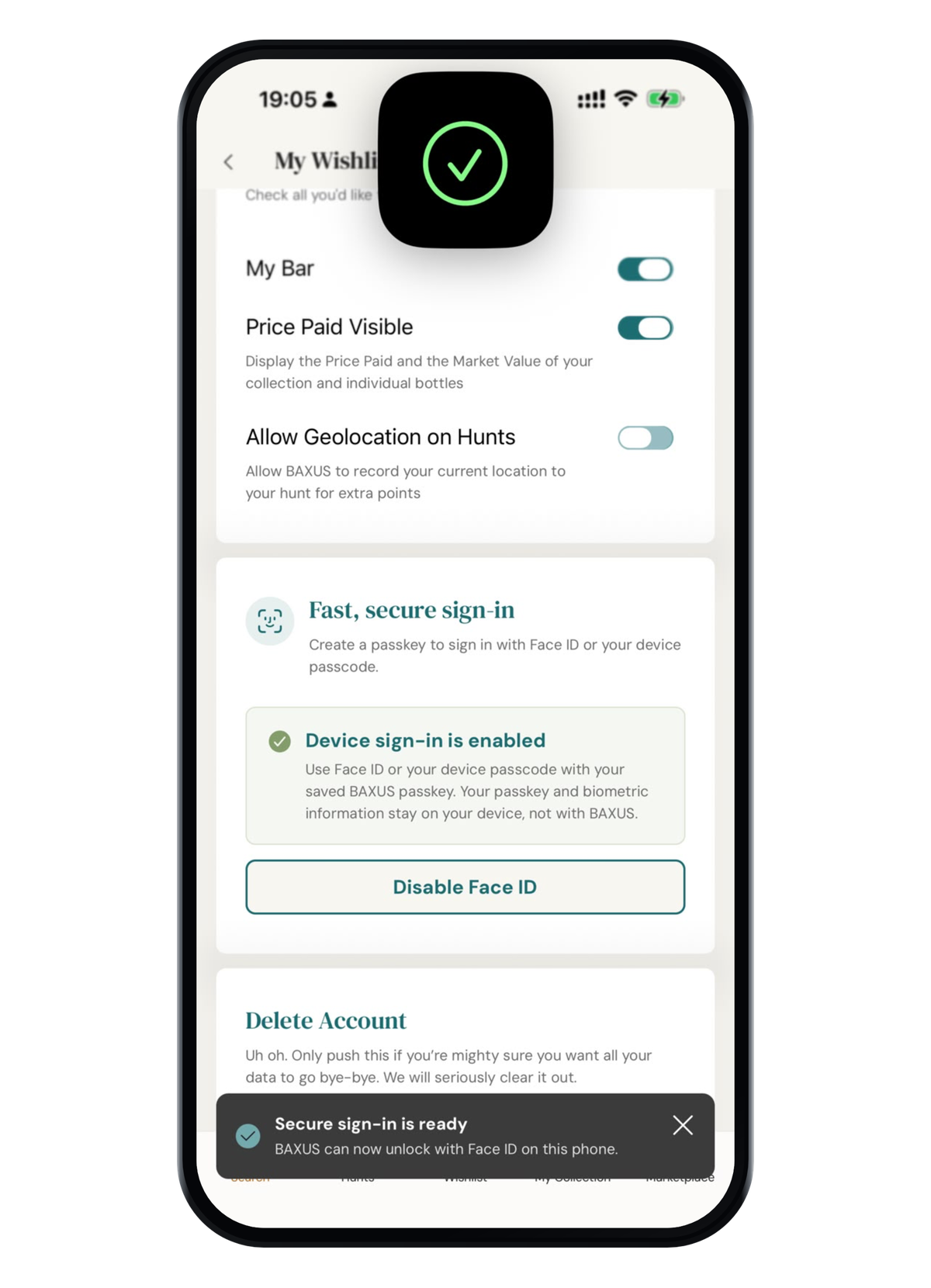 Fast, secure sign-in under Profile Settings