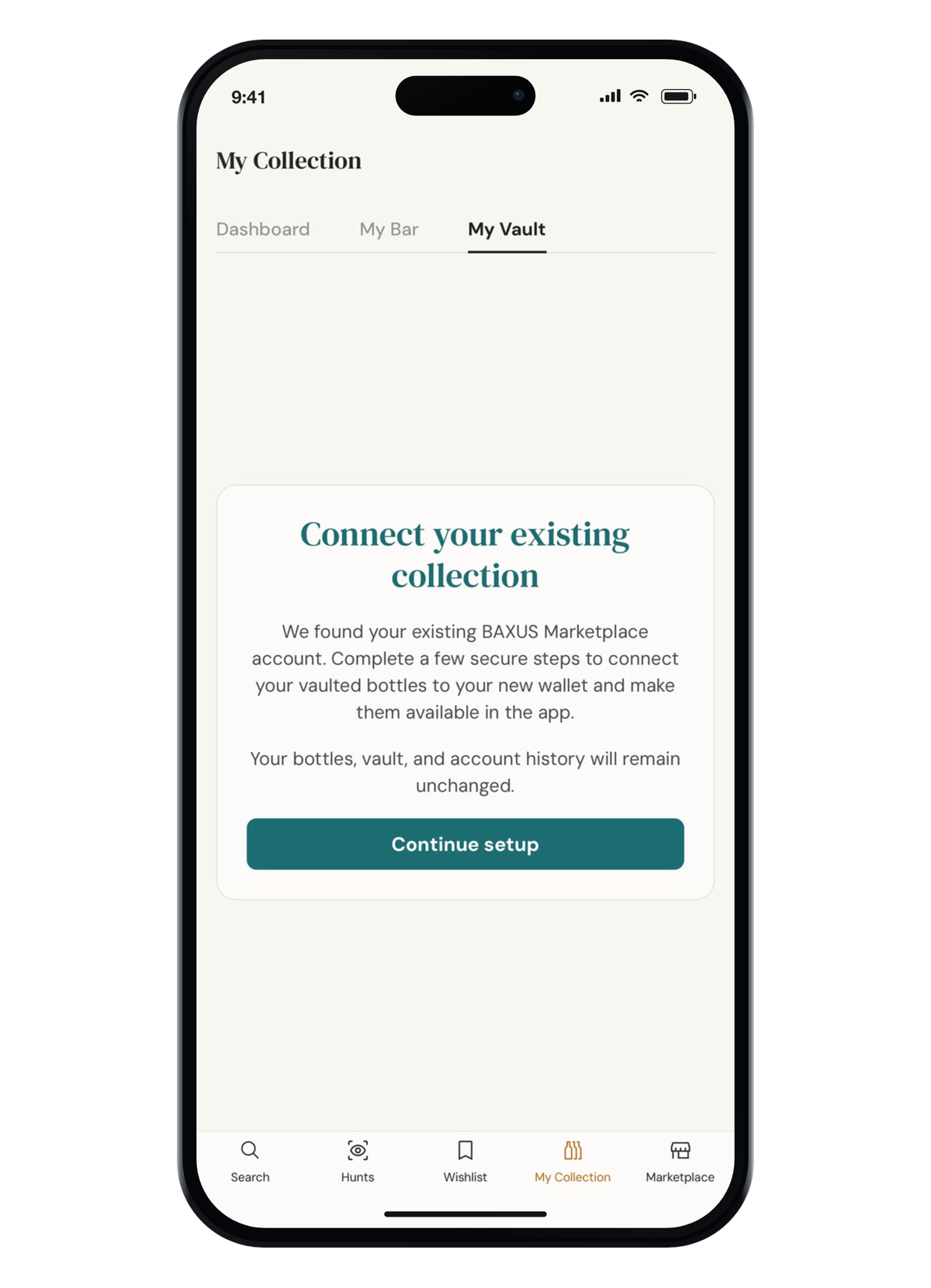 The Connect your existing collection prompt in the BAXUS app