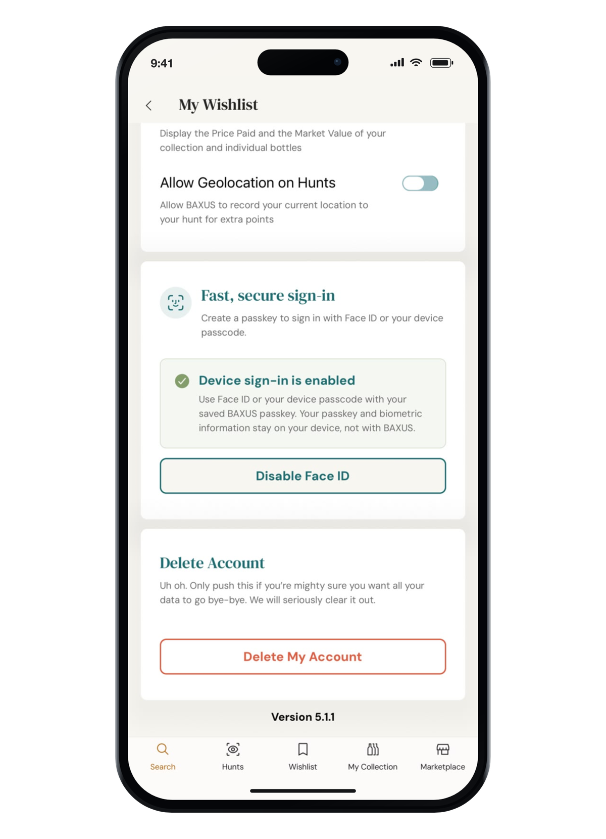 Fast, secure sign-in under Profile Settings